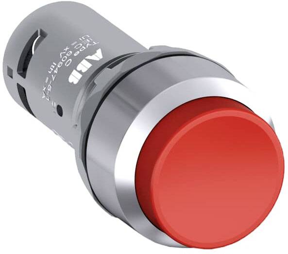 Ein roter Not-Aus-Schalter mit metallischer Umrandung. Der Schalter wird für Sicherheitsabschaltungen in Maschinen und Anlagen verwendet.