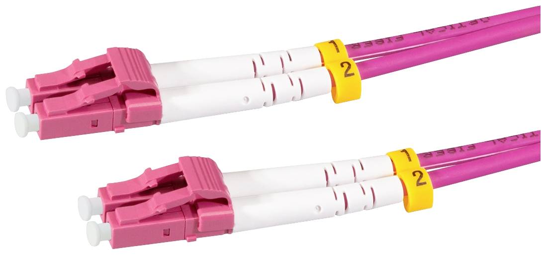 Zwei pinke Glasfaserkabel mit weißem Schutzmantel und orangefarbenen Clips, nummeriert mit '1' und '2', auf weißem Hintergrund.