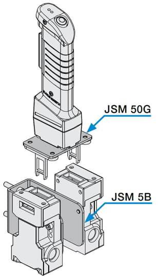 Explosionszeichnung eines elektrischen Steckers (JSM 50G) und einer Buchse (JSM 5B), die miteinander verbunden werden.