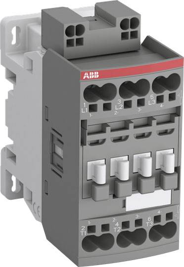 Ein graues elektrisches Schütz mit mehreren Anschlusspunkten und einem roten Streifen oben. Verwendet für das Schalten von Stromkreisen.