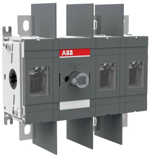 Industrieschalter in grauem Gehäuse mit rotem 'ABB'-Logo, vorn mittig Griff, vier quadratische Module seitlich verbindend montiert.