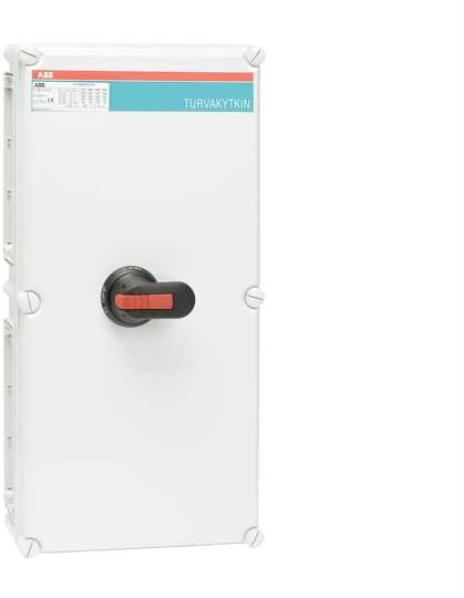Ein weißer elektrischer Schaltschrank mit rotem Drehschalter an der Vorderseite, markiert mit 'TURVAKYTKIN'.