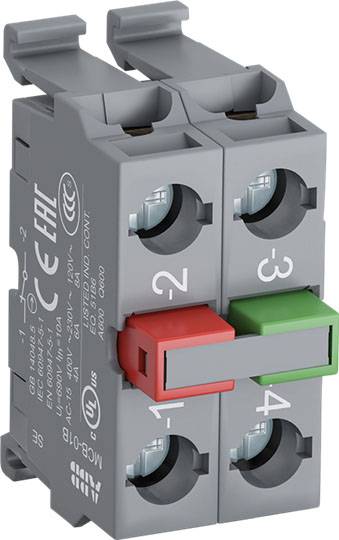 Graues ABB-Elektrobauteil mit zwei Schaltern. Der obere Schalter ist rot, der untere Schalter ist grün. Beschriftungen sind sichtbar.