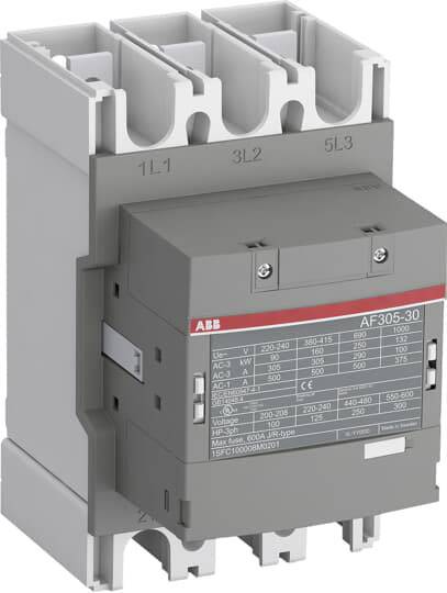 Dreipoliger Schütz AF305-30 von ABB, geeignet für industrielle Anwendungen, zeigt technische Spezifikationen in Tabellenform auf der Vorderseite.