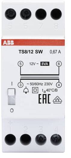 Elektrischer Überspannungsschutzschalter, weiß, mit Anschlüssen oben und unten, zeigt 12V, 8VA, 50/60Hz, 230V, 0,67 A.
