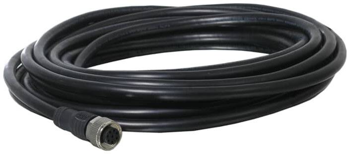 Ein langes, schwarzes Kabel mit einem Metallstecker auf einer Seite.