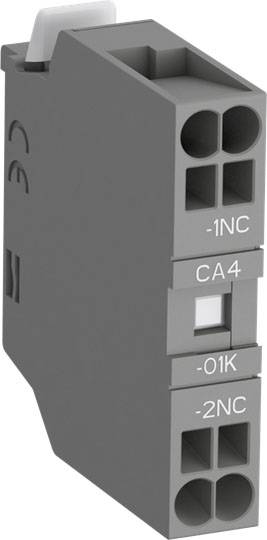 Graues elektrisches Modul mit Bezeichnungen 'CA4', '-1NC', 'O1K', '-2NC', geeignet für Schaltschränke oder ähnliche Anwendungen.