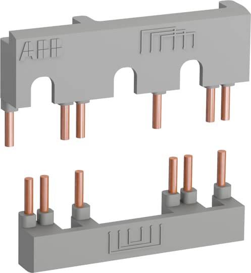 Ein grauer, rechteckiger Steckverbinder mit Kupferstiften, geeignet für elektrische Installationen, bestehend aus zwei Teilen.