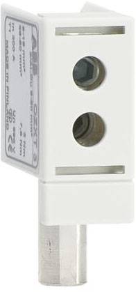 Eine weiße elektrische Sicherung mit zwei metallischen Anschlüssen. Text auf der Sicherung zeigt elektrischen Spezifikationen.