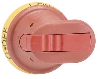 Ein roter Not-Aus-Schalter in der Position 'OFF', montiert auf einer gelben Basis.