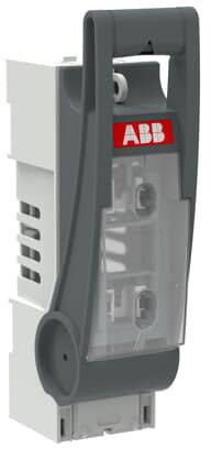 Ein ABB-Sicherungshalter, vertikale Ausrichtung, mit grauem Griff, rotem ABB-Logo und durchsichtiger Frontabdeckung, geeignet für industrielle Anwendungen.