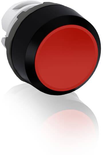 Ein großer, roter runder Druckknopf mit schwarzem Rand.