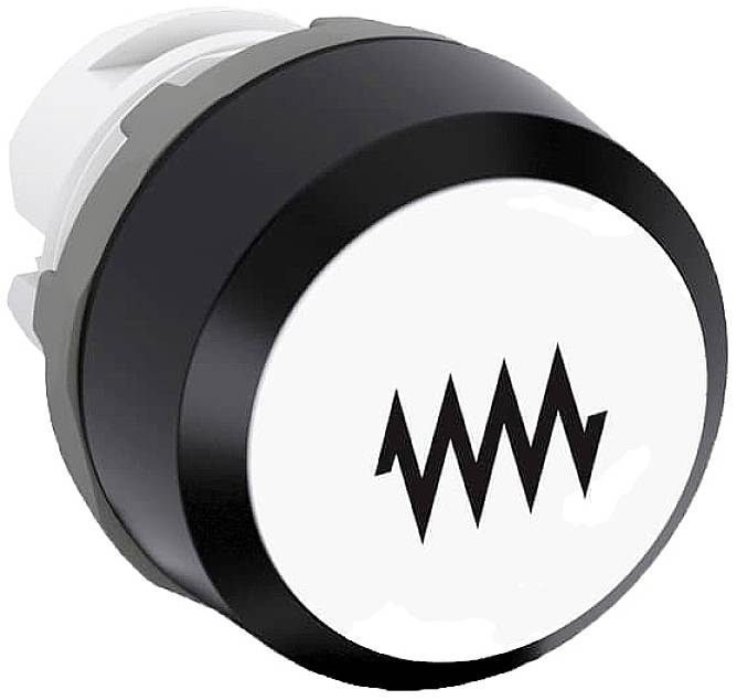 Ein schwarzer und weißer Taster mit einem Schallsymbol in der Mitte, das Schall oder Schwingungen darstellt.