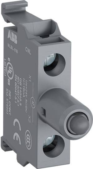 Industrie-Schalterbauteil in Grau von ABB. Seitliche Anschlüsse und Beschriftungen erkennbar. Funktionale Elektronikkomponente.
