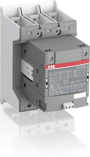 Ein graues ABB-Schütz, Modell AF116-30, mit drei Hauptkontakten und technischem Datenblatt auf der Vorderseite.
