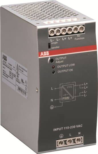 Das Bild zeigt ein elektronisches Gerät von ABB mit Anschlüssen auf der Oberseite. Es ist ein Netzteil mit Eingangsbereich 115-230 VAC.