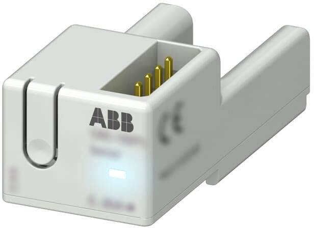 Elektronisches Modul von ABB mit Pins auf der Oberseite, leuchtet blau.