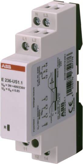 Ein elektronisches Gerät der Marke ABB mit der Bezeichnung 'E 236-US1.1', geeignet für 400/230V, abgebildet in einer Seitenansicht.