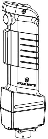 Ein schraffierter, technischer Zeichnungsentwurf eines industriellen Handgriffsensors mit Logo 'SCHAB SAFETY' auf der Vorderseite.