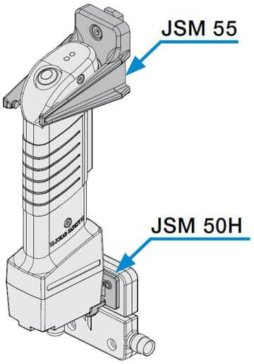 Illustration eines Schlösser-Safety-Schalters mit den Modellen JSM 55 und JSM 50H, die unterschiedliche Hebel zeigen.