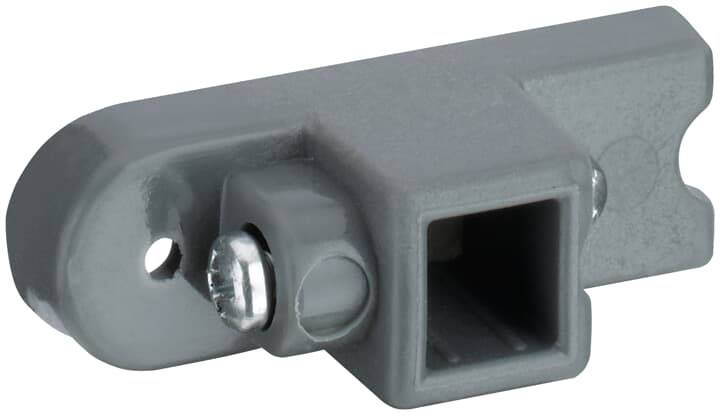 Graues Kunststoffteil mit rechteckiger Öffnung und Befestigungsloch, möglicherweise ein Montage- oder Verbindungsstück.