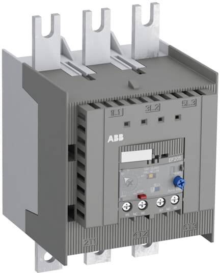 Ein grauer dreipoliger Leistungsschalter von ABB, Modell EF205, mit Beschriftungen und Schaltern an der Vorderseite.