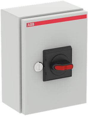 Grauer Schaltschrank mit rotem Drehschalter und rotem Streifen oben. Darauf befindet sich ein Logo.