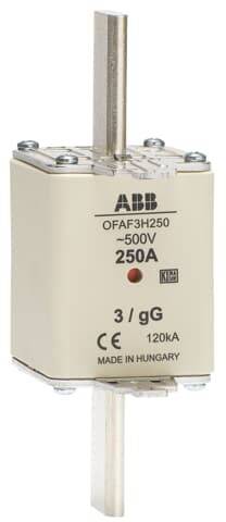 Sicherung aus Metall und Kunststoff, mit Aufschriften 'ABB', '250A', und '500V'.