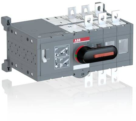 Ein grau-schwarzer elektrischer Schalter mit rotem Hebel von ABB, zeigt Anschlusspunkte und Grafiken zur Bedienungsanleitung.