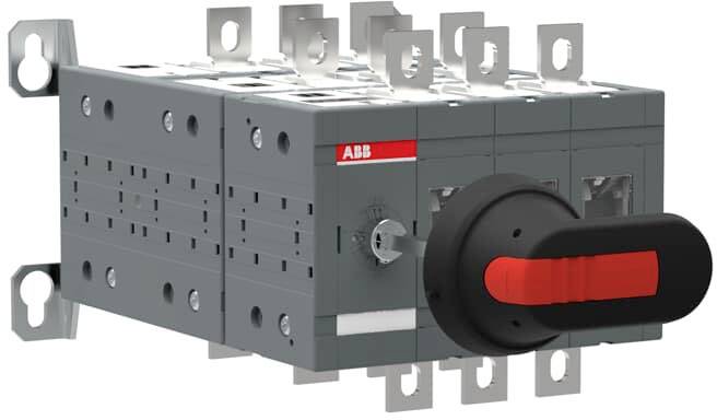 Ein grauer Leistungsschalter von ABB mit rotem Griff und mehreren Anschlussklemmen, zur Steuerung von elektrischen Stromkreisen.