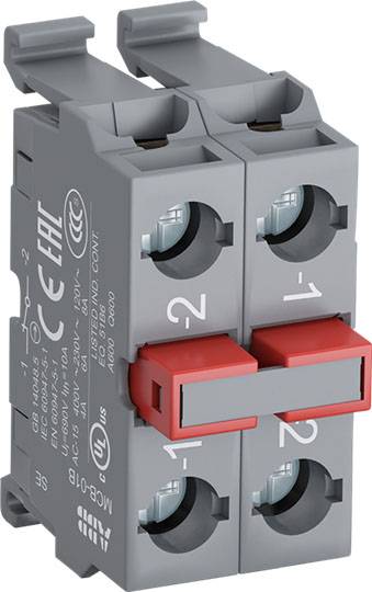 Ein grauer elektrischer Leitungsschutzschalter mit roten Schaltern, Zahlen 1-2, CE- und EAC-Zertifizierungssymbolen.