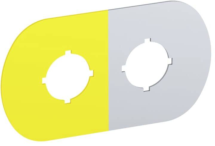 Eine ovale, zweifarbige Form mit zwei Bereichen: links gelb und rechts grau, beide mit einem zentralen, kreisförmigen Ausschnitt.