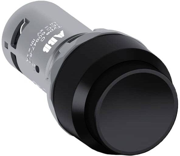 Runder schwarzer Drucktaster auf grauer Fassung, typischerweise verwendet zur Steuerung von Maschinen oder elektrischen Geräten.