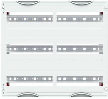 Ein leerer, weißer Stromverteilerkasten mit sechs horizontalen Metallschienen. Geeignet zur Installation von Sicherungen oder Schaltgeräten.