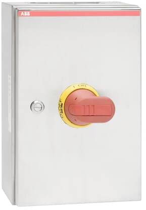 Metallbox mit großem, rotem Not-Aus-Schalter in der Mitte. Schalter in Position 'Aus', Hinweis auf Sicherheitseinrichtung.