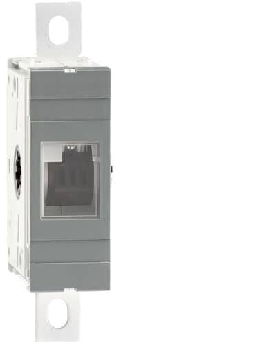 Ein elektrisches Modul mit zwei Befestigungslaschen und einem zentralen Fenster, das Innenkomponenten zeigt.