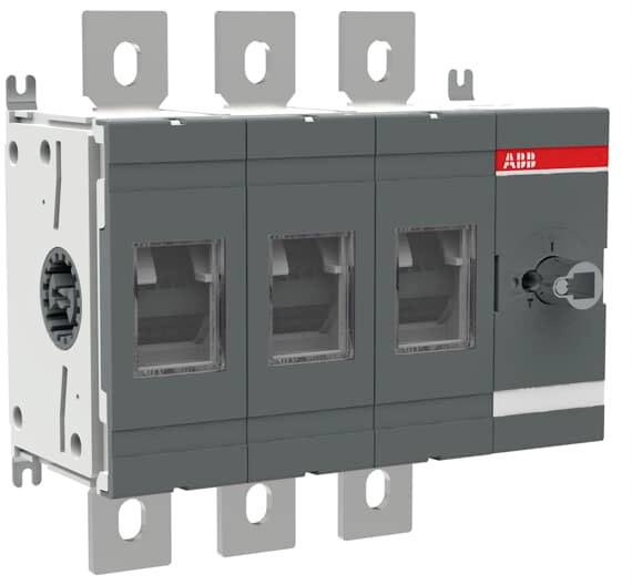 Ein dreipoliger elektrischer Schalter in Grau und Weiß mit einem Markenlogo in der oberen Ecke, zeigt mehrere Anschlüsse und ein Drehgriff.