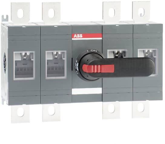 Ein grauer ABB Lasttrennschalter mit rotem und schwarzem Hebel, der auf 'OFF' zeigt. Geeignet für elektrische Schalttafelinstallationen.