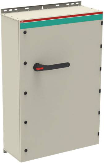 Ein graues elektrisches Schaltkasten mit einem schwarzen Griff an der Vorderseite, geeignet zur Steuerung elektrischer Anlagen.