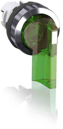 Grüner Hebelschalter mit verchromtem Rand, zeigt nach unten. Verwendet in industriellen Anwendungen zur Steuerung von Geräten oder Maschinen.