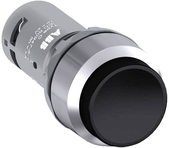 Rundes schwarzes Tasterelement mit silbernem Rand, geeignet für industrielle Steuerungssysteme. Geeignet für sichere und einfache Bedienung.