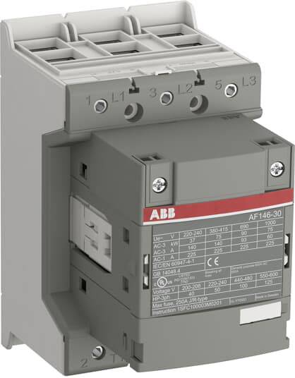Ein grauer, rechteckiger Schaltschütz mit Schraubanschlüssen und technischem Etikett auf der Vorderseite. Modell 'ABB AF146-30'.
