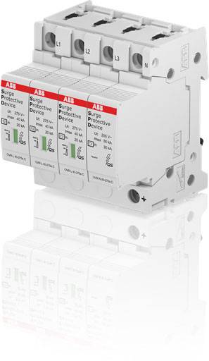 Surge-Schutzgerät mit drei Kanälen, beschriftet mit 'L1', 'L2' und 'L3'. Schraubmontage, Steckanschlüsse oben.