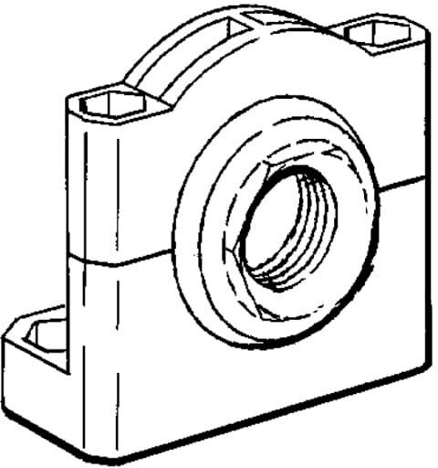 Technische Zeichnung eines Flanschlagers mit Bohrungen und Gewinde, vermutlich zum Einsatz in Maschinen oder Gerätebau.
