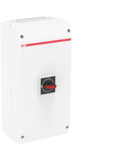 Weißer Industriesteuerkasten mit rotem Schalter in der Mitte, geeignet für elektrische Steuerung und Sicherheit in Industrieanwendungen.