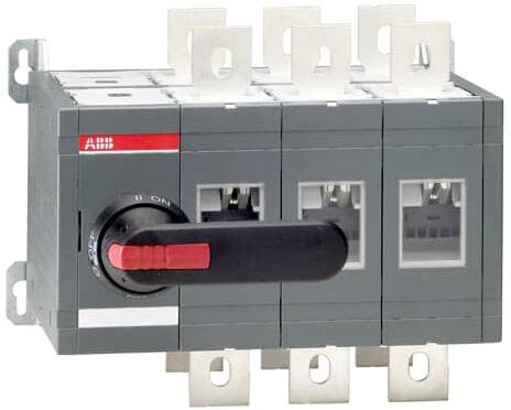 Elektrischer Lasttrennschalter mit rotem und schwarzem Hebel, montiert auf Metalloberfläche. Geeignet zur Steuerung elektrischer Kreisläufe.