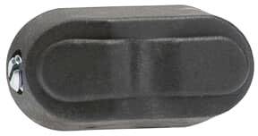 Ein ovaler, schwarzer Kasten aus Kunststoff mit einer Schraube an der Seite.