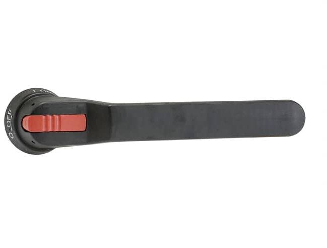 Ein schwarzer Hebel mit rotem Schalter in der Mitte, auf einer 'OFF'-Position.