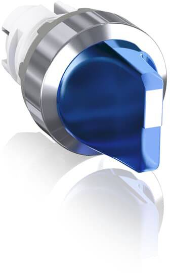 Ein blauer Drehknopf aus Metall, teilweise reflektiert, auf weißem Hintergrund. Er wird möglicherweise für industrielle Anwendungen verwendet.