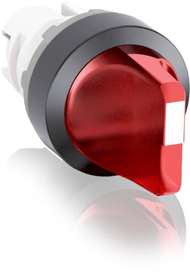 Roter Drehschalter mit weißer Markierung auf der rechten Seite, umgeben von schwarzem Rand, reflektiert auf weißem Hintergrund.